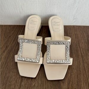 Roger Vivier Leather Crystal Embellishments Slides Heel Sandals Size 34